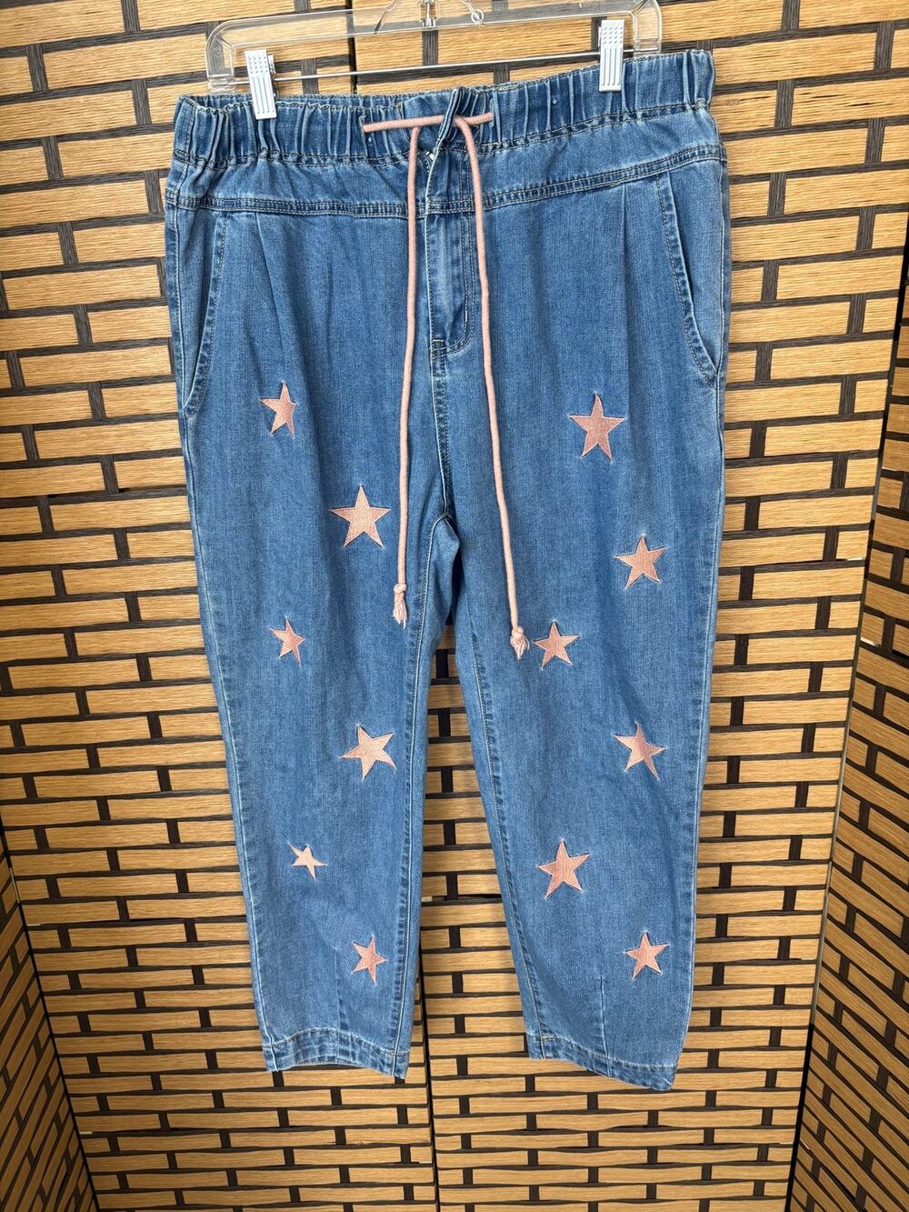 Listicle Star Print Tie Waist Jeans Size Large